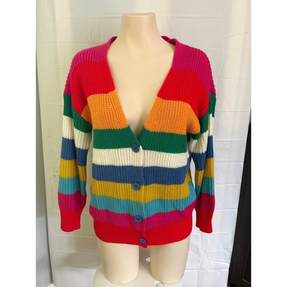 Sweaters - Rainbow Striped Chunky Knit Button Front Cardigan Sweater V-Neck Multi-Color